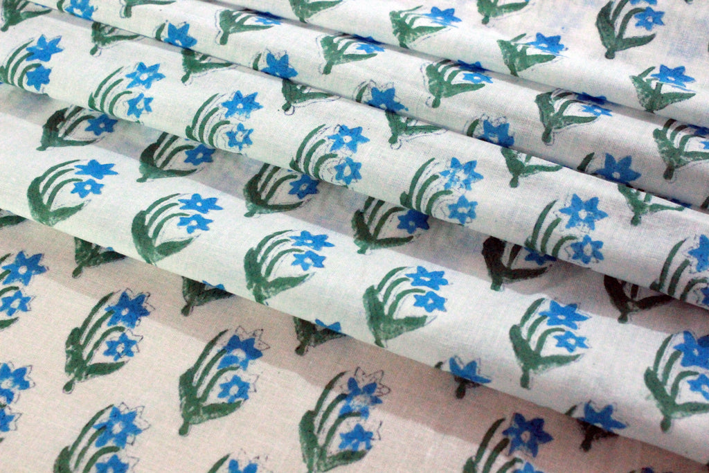 Mughal Print Cotton Fabric: Blue Floral Blockprint, Handstamped