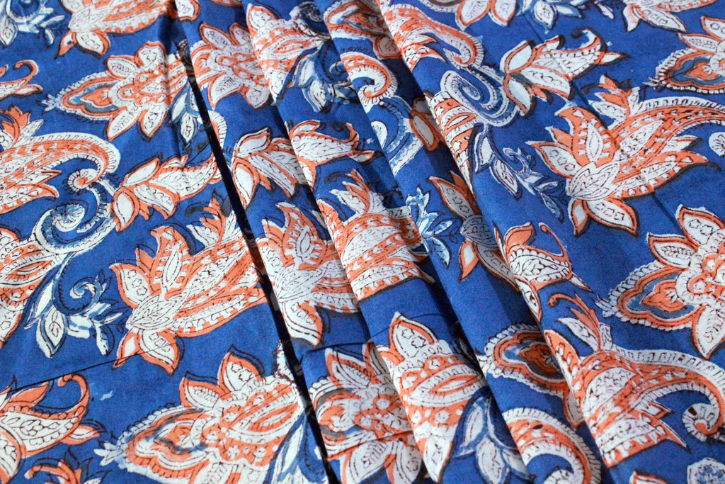 Mughal Print Cotton Fabric: Blue & Orange Indian Blockprint