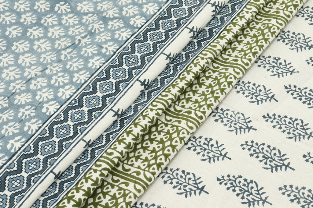 Hand Block Print Cotton Fabric: Blue, Green Floral, Indian Fabric By The Yard