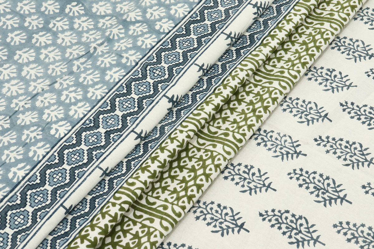 Hand Block Print Cotton Fabric: Blue, Green Floral, Indian Fabric By The Yard