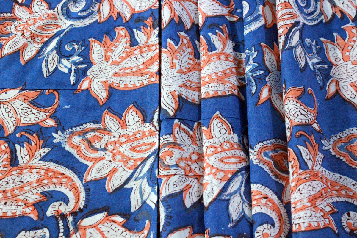Mughal Print Cotton Fabric: Blue & Orange Indian Blockprint