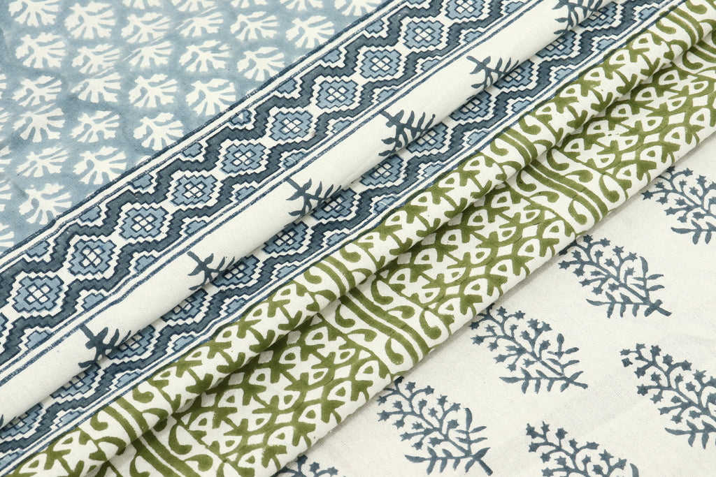 Hand Block Print Cotton Fabric: Blue, Green Floral, Indian Fabric By The Yard