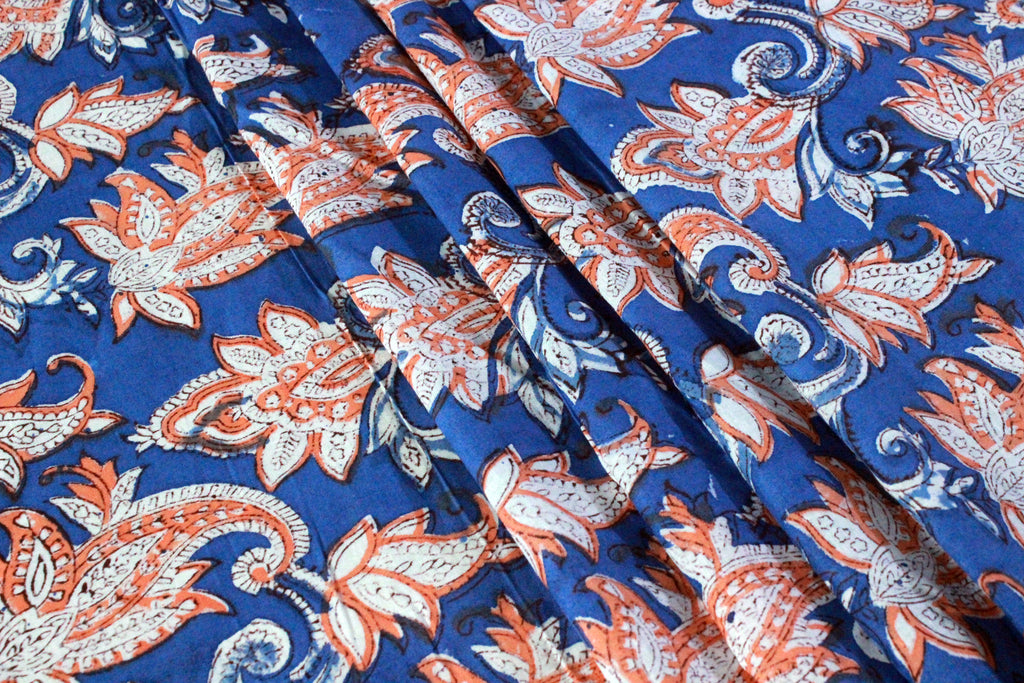 Mughal Print Cotton Fabric: Blue & Orange Indian Blockprint