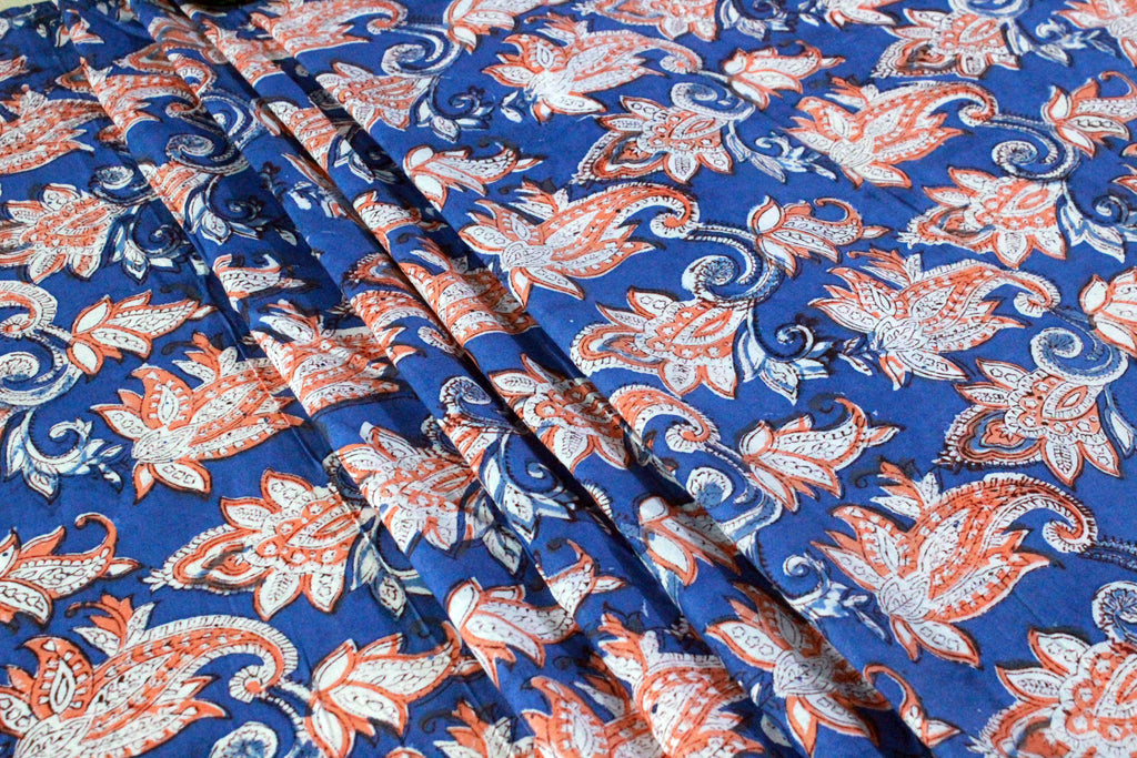 Mughal Print Cotton Fabric: Blue & Orange Indian Blockprint