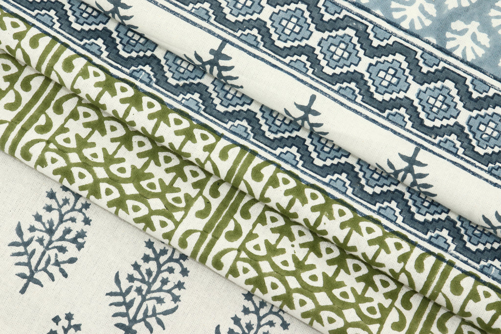 Hand Block Print Cotton Fabric: Blue, Green Floral, Indian Fabric By The Yard