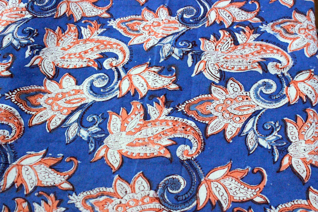 Mughal Print Cotton Fabric: Blue & Orange Indian Blockprint