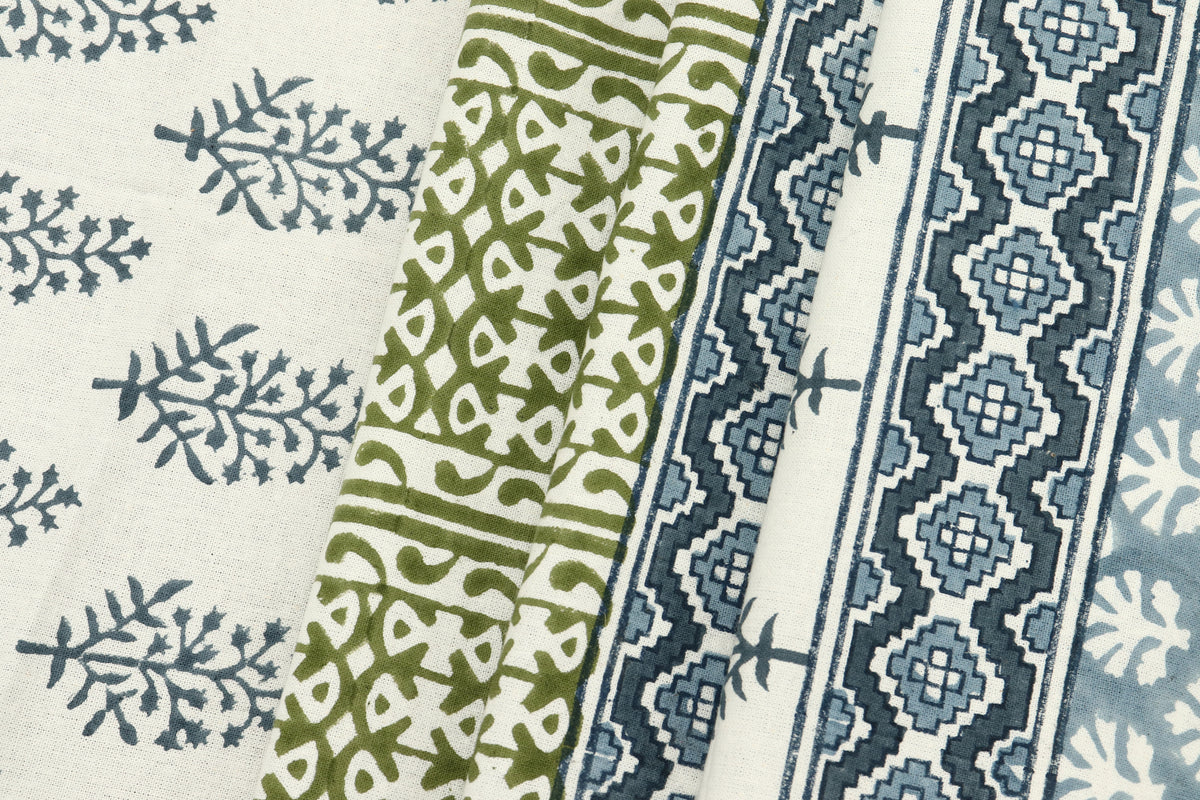 Hand Block Print Cotton Fabric: Blue, Green Floral, Indian Fabric By The Yard