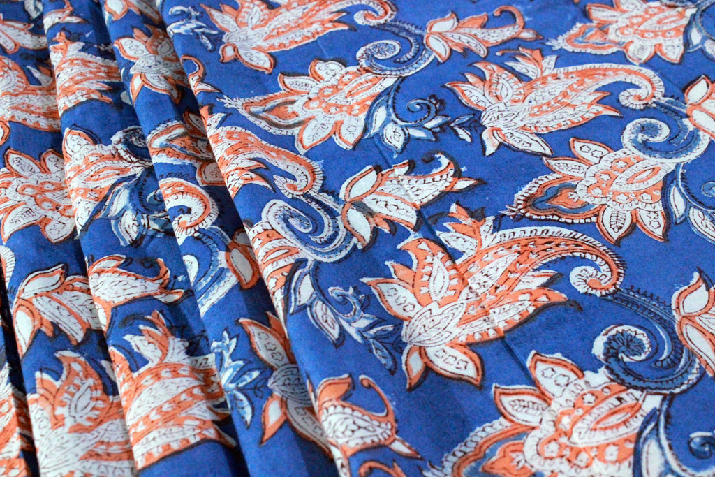 Mughal Print Cotton Fabric: Blue & Orange Indian Blockprint