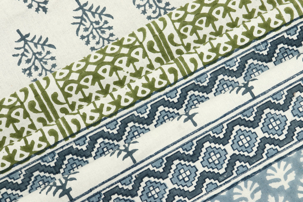 Hand Block Print Cotton Fabric: Blue, Green Floral, Indian Fabric By The Yard