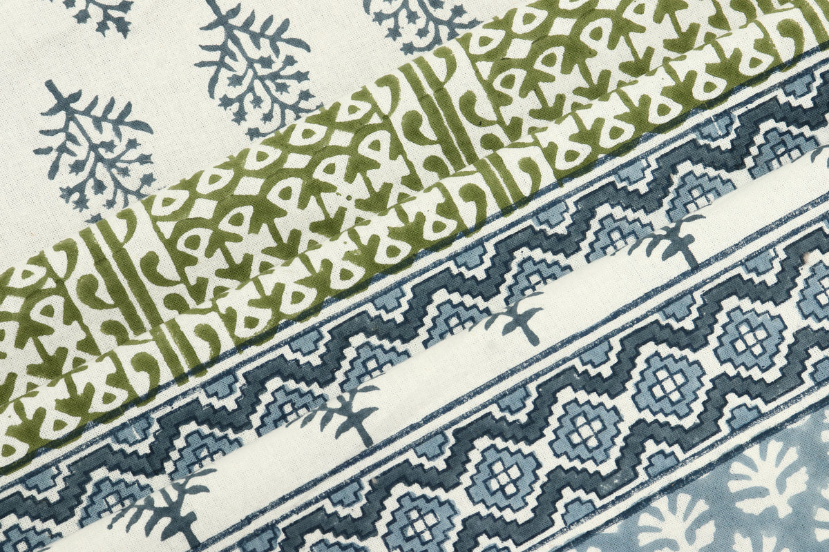 Hand Block Print Cotton Fabric: Blue, Green Floral, Indian Fabric By The Yard