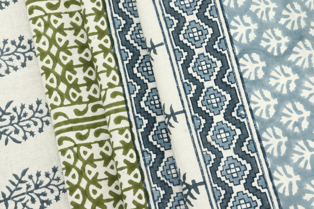 Hand Block Print Cotton Fabric: Blue, Green Floral, Indian Fabric By The Yard