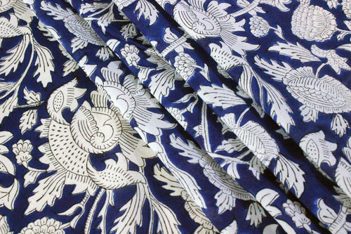 Blue & White Floral Block Print Cotton Fabric - Indian Summer Dress Fabric