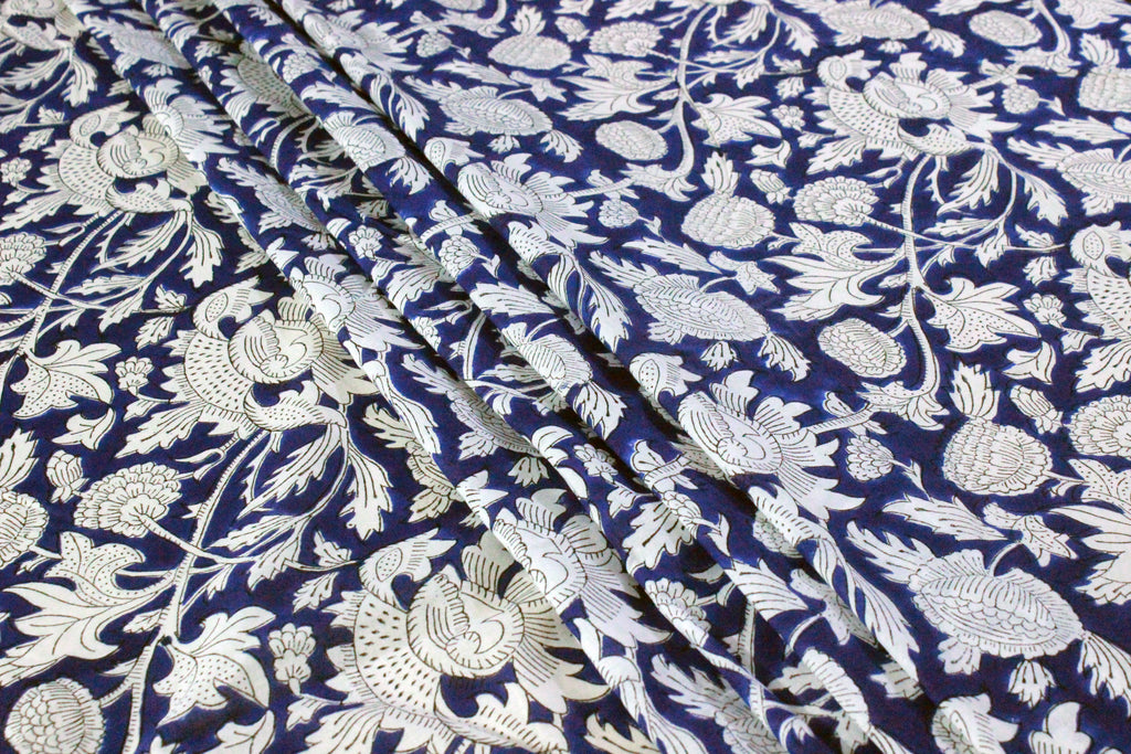 Blue & White Floral Block Print Cotton Fabric - Indian Summer Dress Fabric