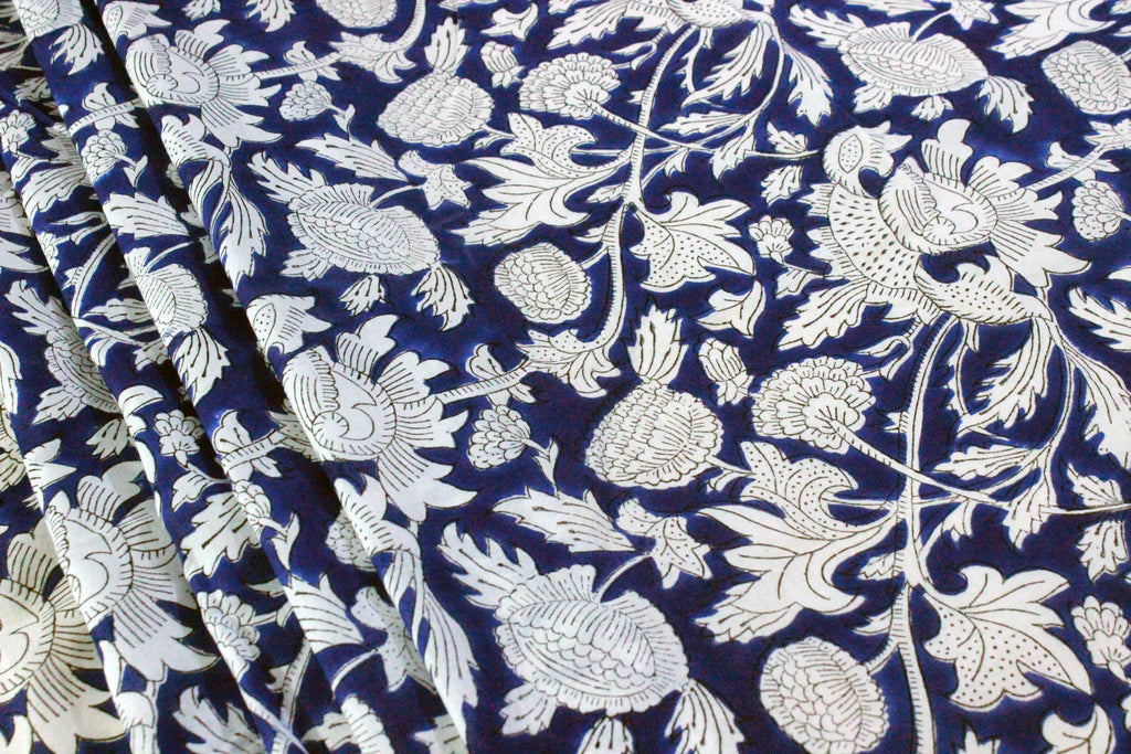 Blue & White Floral Block Print Cotton Fabric - Indian Summer Dress Fabric