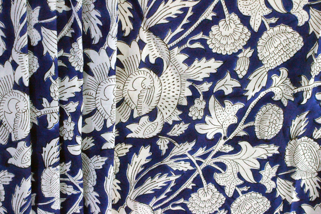 Blue & White Floral Block Print Cotton Fabric - Indian Summer Dress Fabric