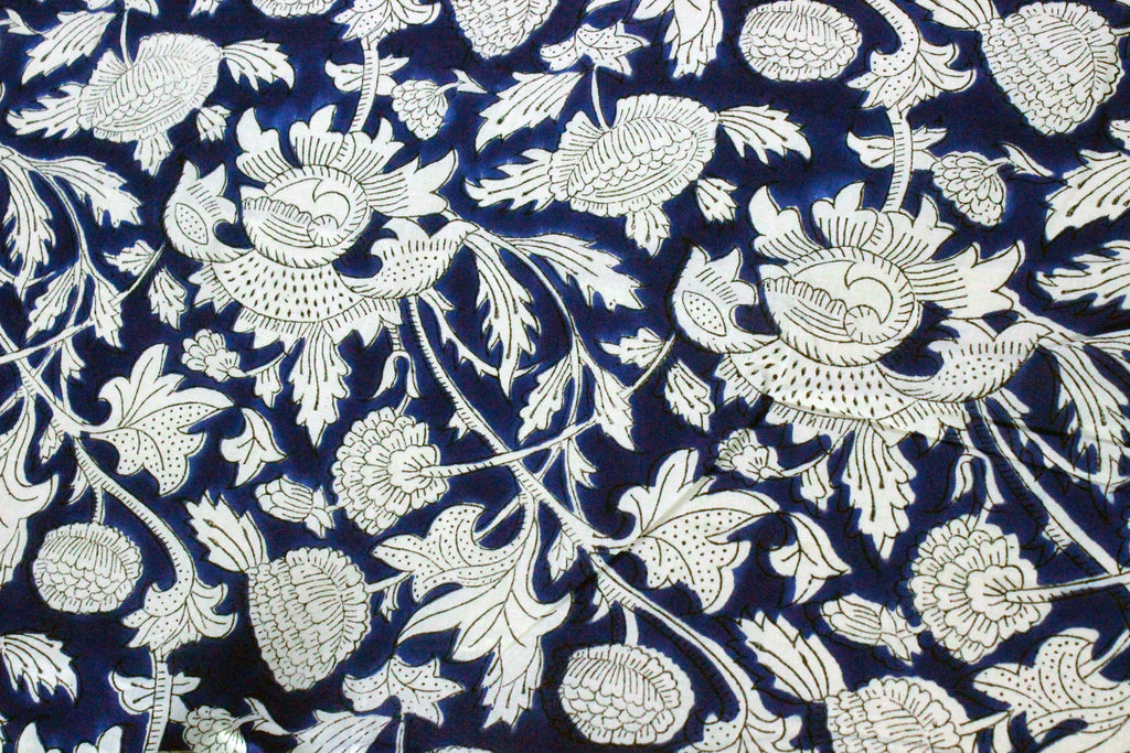 Blue & White Floral Block Print Cotton Fabric - Indian Summer Dress Fabric