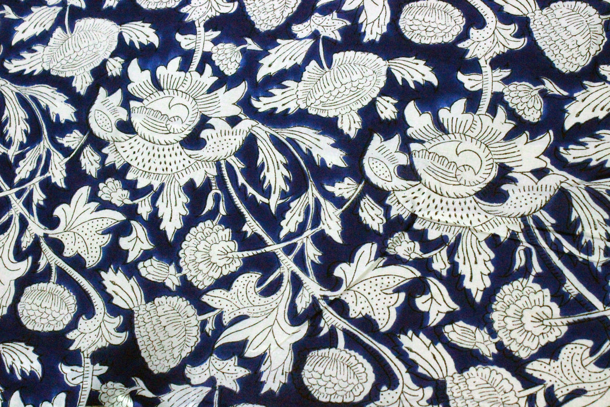 Blue & White Floral Block Print Cotton Fabric - Indian Summer Dress Fabric