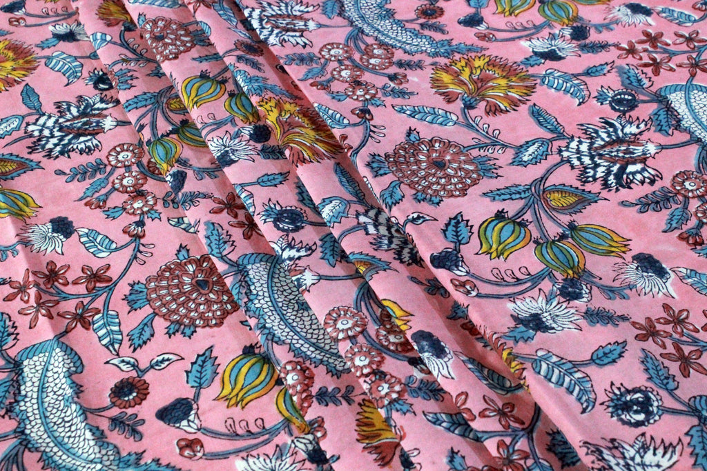 Indian Cotton Fabric: Mughal Floral Block Print, Soft Cambric Cotton