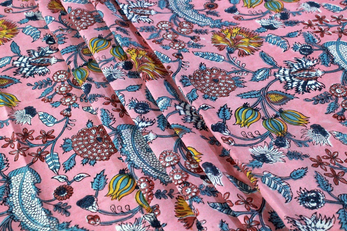 Indian Cotton Fabric: Mughal Floral Block Print, Soft Cambric Cotton