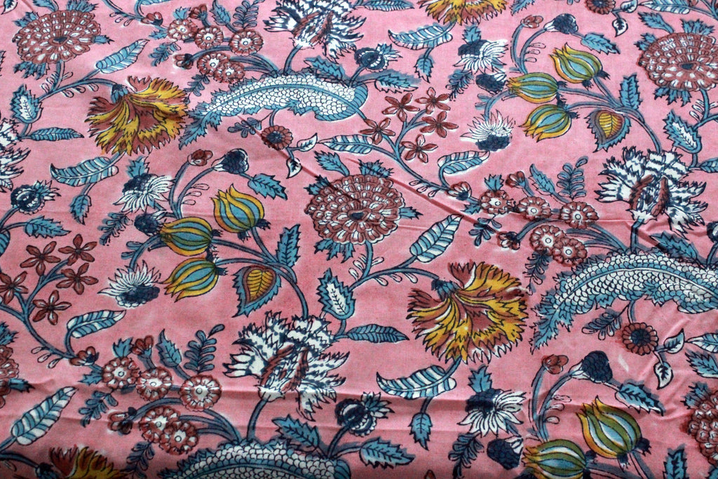 Indian Cotton Fabric: Mughal Floral Block Print, Soft Cambric Cotton