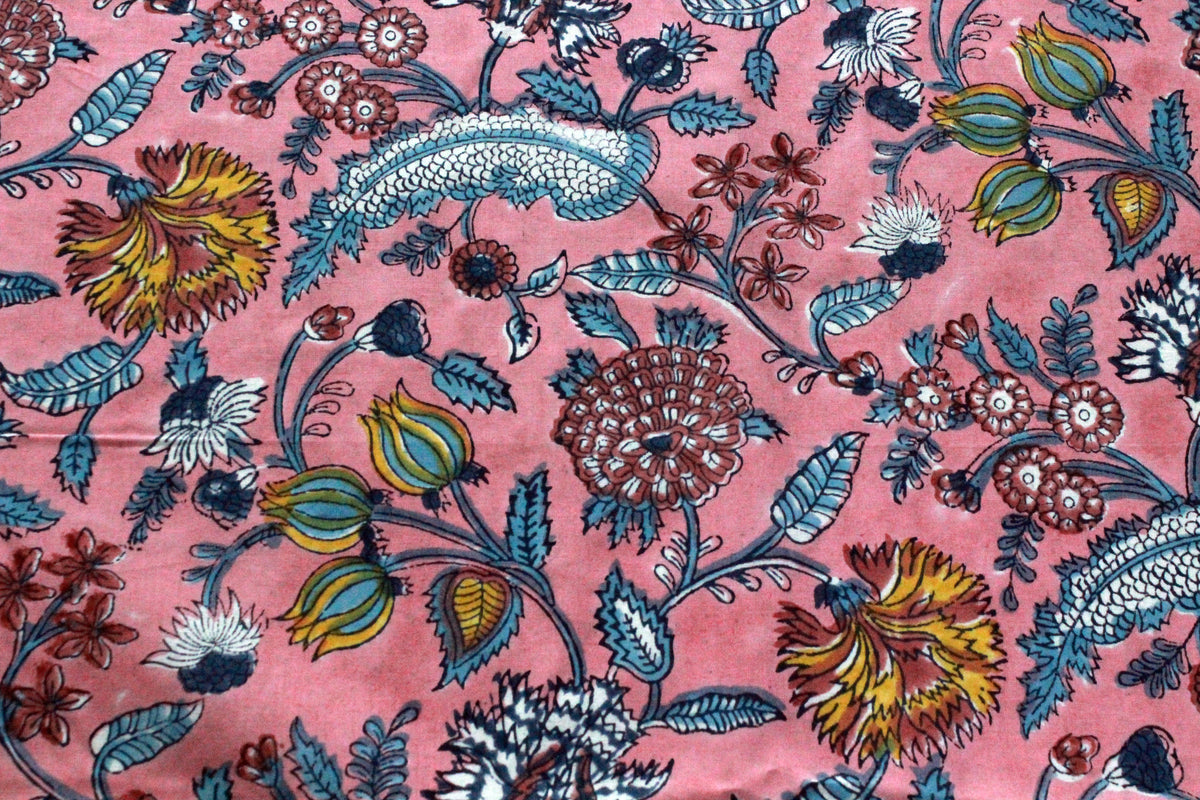 Indian Cotton Fabric: Mughal Floral Block Print, Soft Cambric Cotton