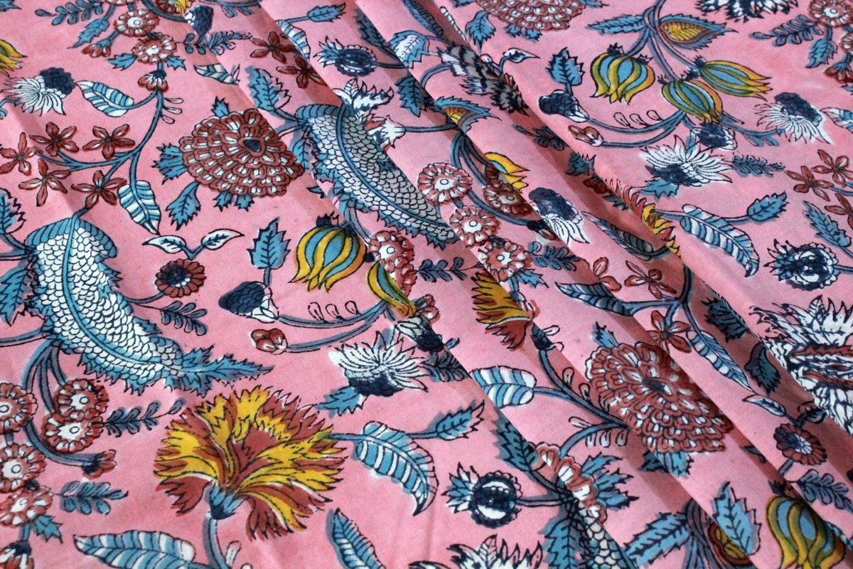 Indian Cotton Fabric: Mughal Floral Block Print, Soft Cambric Cotton