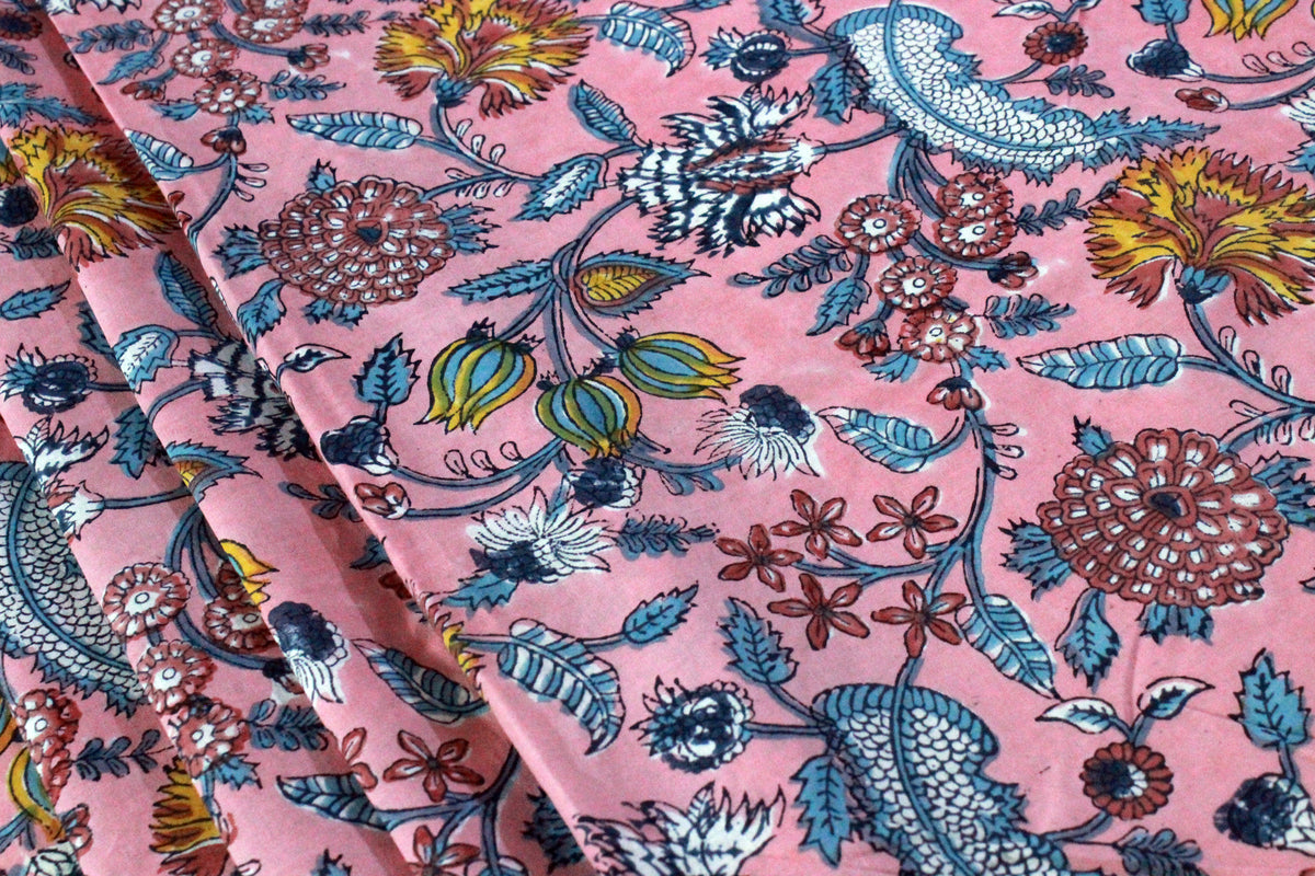 Indian Cotton Fabric: Mughal Floral Block Print, Soft Cambric Cotton