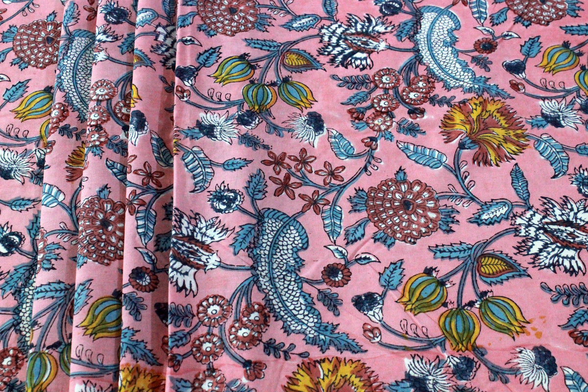 Indian Cotton Fabric: Mughal Floral Block Print, Soft Cambric Cotton