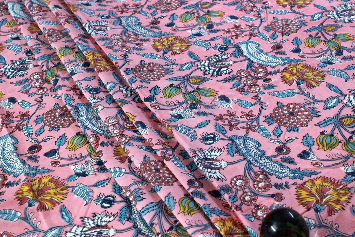 Indian Cotton Fabric: Mughal Floral Block Print, Soft Cambric Cotton