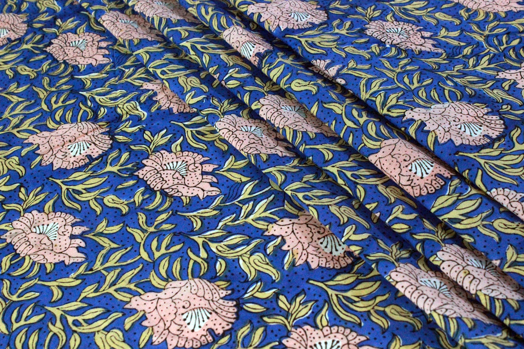Floral Block Print Cotton Fabric: Blue, Pink, Brown Mughal Design