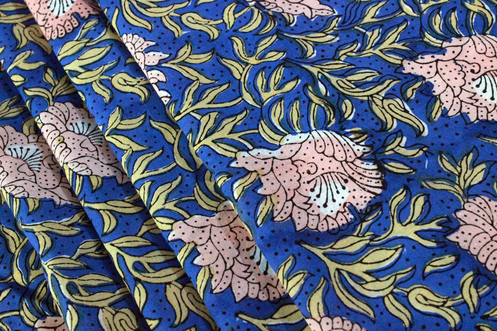Floral Block Print Cotton Fabric: Blue, Pink, Brown Mughal Design