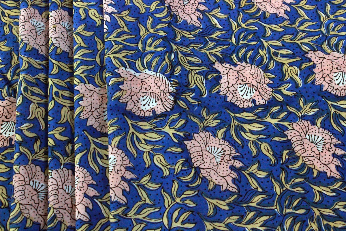 Floral Block Print Cotton Fabric: Blue, Pink, Brown Mughal Design