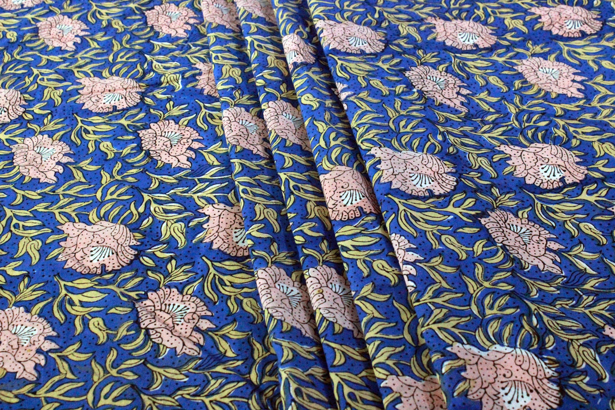 Floral Block Print Cotton Fabric: Blue, Pink, Brown Mughal Design