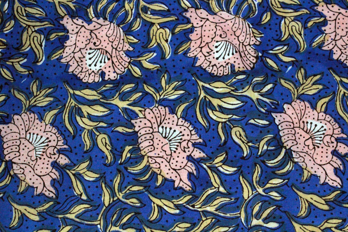 Floral Block Print Cotton Fabric: Blue, Pink, Brown Mughal Design