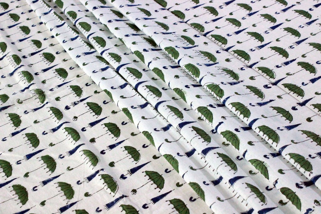 Hand Block Print Cotton Fabric: Green, Blue, and White Indian Fabric by the Yard