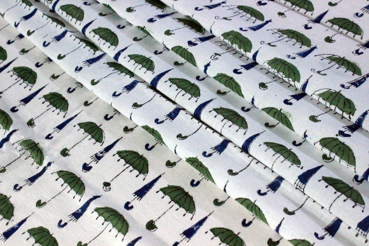Hand Block Print Cotton Fabric: Green, Blue, and White Indian Fabric by the Yard