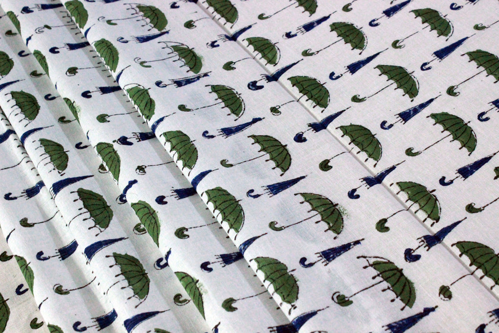 Hand Block Print Cotton Fabric: Green, Blue, and White Indian Fabric by the Yard