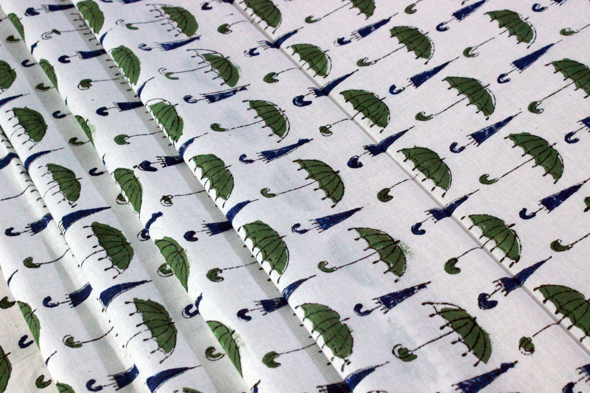 Hand Block Print Cotton Fabric: Green, Blue, and White Indian Fabric by the Yard