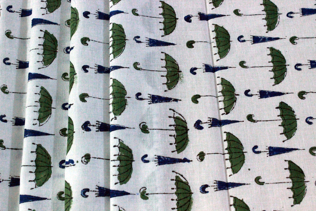 Hand Block Print Cotton Fabric: Green, Blue, and White Indian Fabric by the Yard