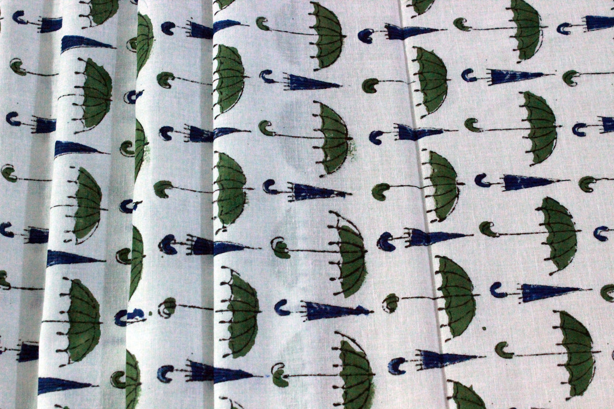 Hand Block Print Cotton Fabric: Green, Blue, and White Indian Fabric by the Yard