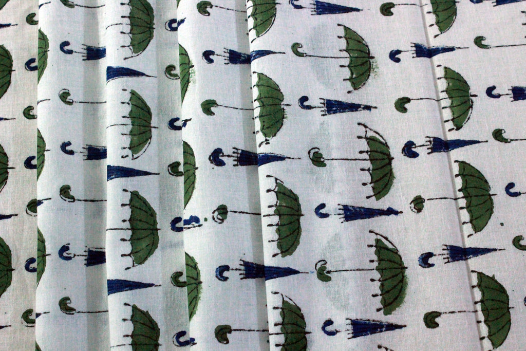Hand Block Print Cotton Fabric: Green, Blue, and White Indian Fabric by the Yard