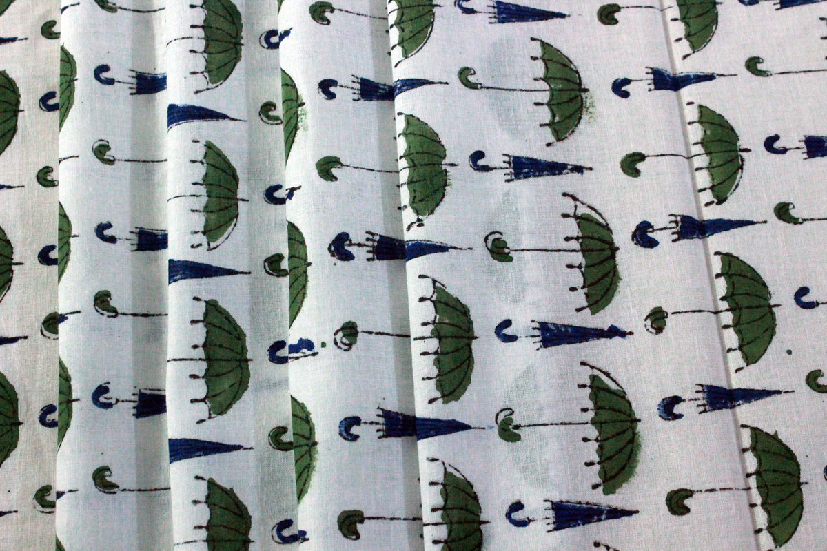 Hand Block Print Cotton Fabric: Green, Blue, and White Indian Fabric by the Yard