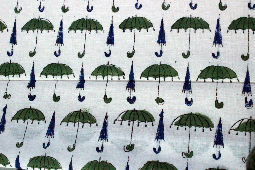 Hand Block Print Cotton Fabric: Green, Blue, and White Indian Fabric by the Yard