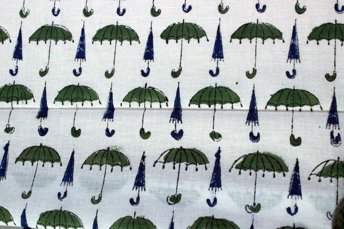 Hand Block Print Cotton Fabric: Green, Blue, and White Indian Fabric by the Yard