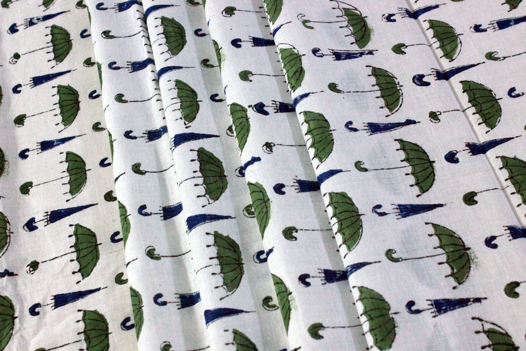 Hand Block Print Cotton Fabric: Green, Blue, and White Indian Fabric by the Yard