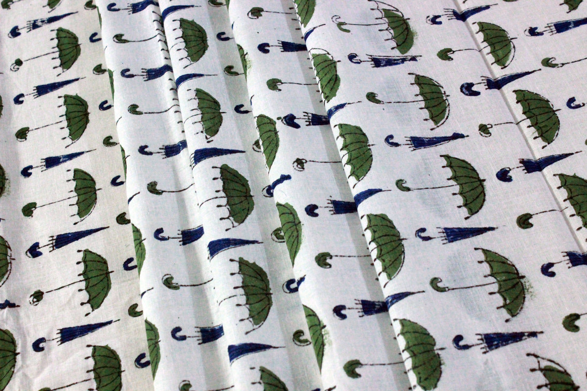 Hand Block Print Cotton Fabric: Green, Blue, and White Indian Fabric by the Yard