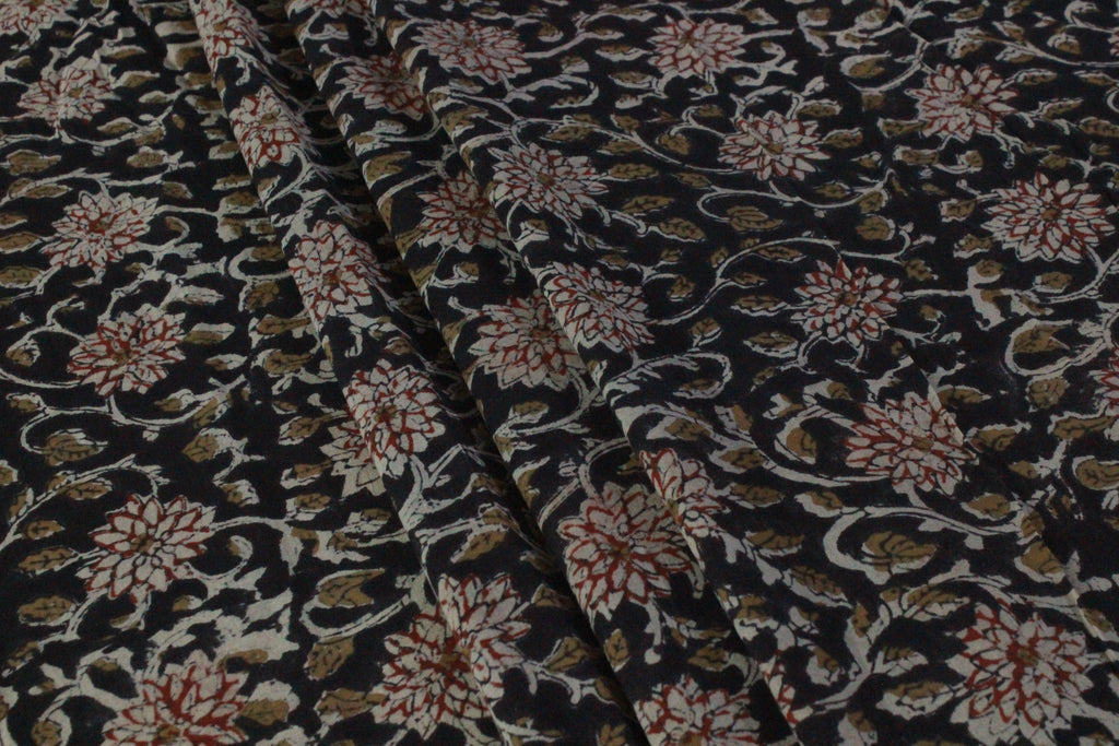 Black Cotton Traditional Floral Hand Block Print Unstiched Material For Men's Kurta Shirts & Women's Kurti and Other Dress Material