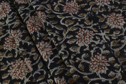 Black Cotton Traditional Floral Hand Block Print Unstiched Material For Men's Kurta Shirts & Women's Kurti and Other Dress Material