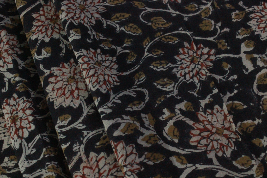 Black Cotton Traditional Floral Hand Block Print Unstiched Material For Men's Kurta Shirts & Women's Kurti and Other Dress Material