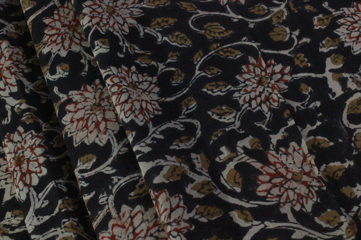 Black Cotton Traditional Floral Hand Block Print Unstiched Material For Men's Kurta Shirts & Women's Kurti and Other Dress Material